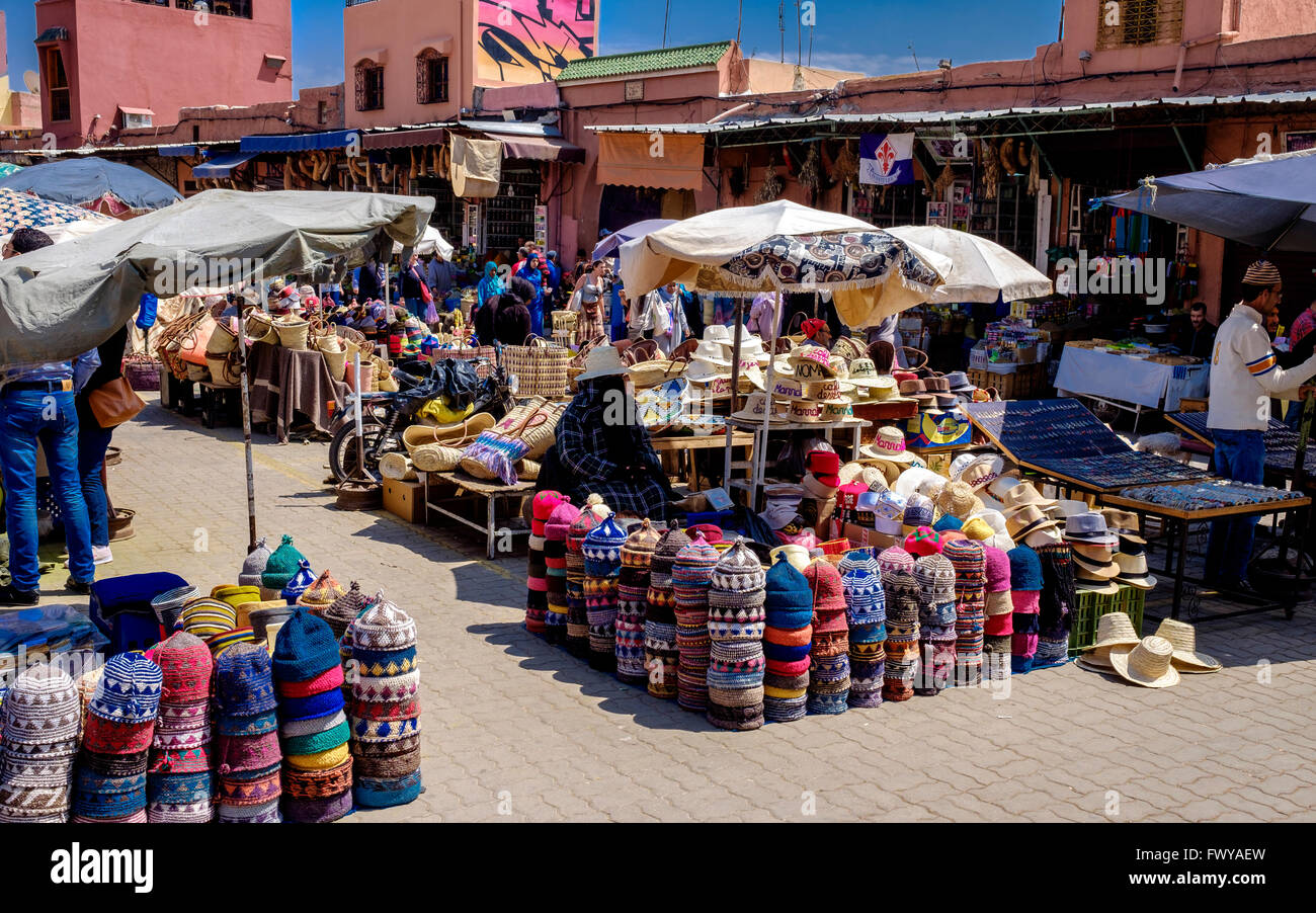 A selection of traditional hats for sale at a stall in the medina, Marrakech, Morocco, North Africa Stock Photo