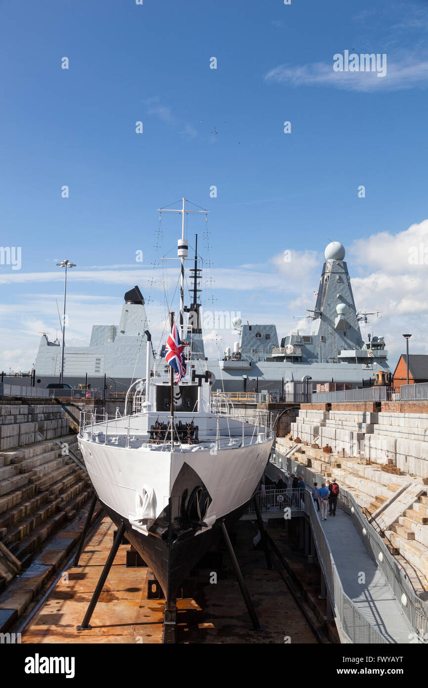 Seen here in dry dock in the Royal Dockyard, Portsmouth, HMS M33 is an M29-class monitor of the Royal Navy built in 1915. Stock Photo