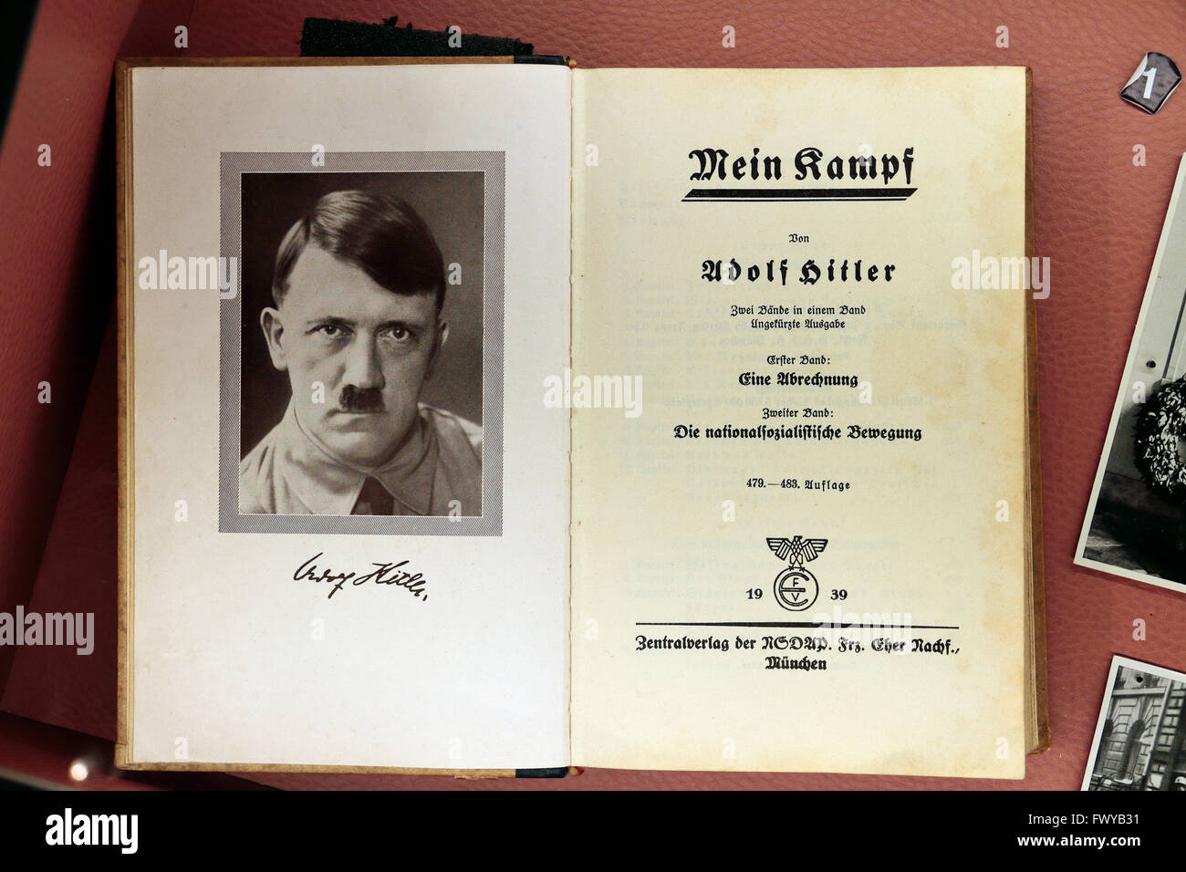 A signed 1939 edition of Adolf Hitler's autobiography, 'Mein Kampf' in the Bastogne War Museum, Bastogne, Belgium. Stock Photo