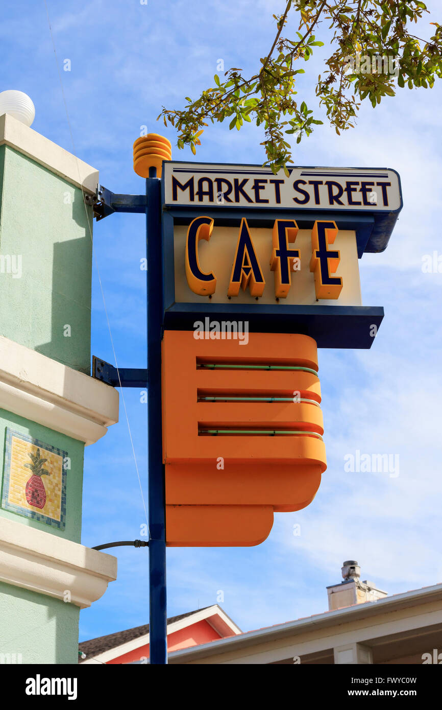 Art Deco cafe sign, Market Street, celebration, Osceola District, Florida, America, USA Stock Photo