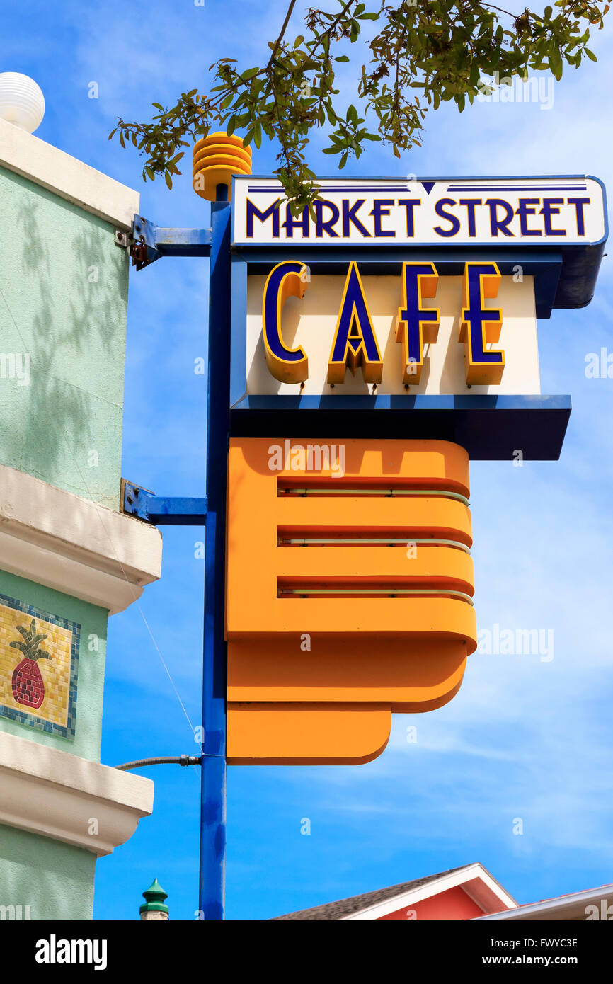 Art Deco cafe sign, Market Street, Celebration, Osceola District, Florida, America, USA Stock Photo