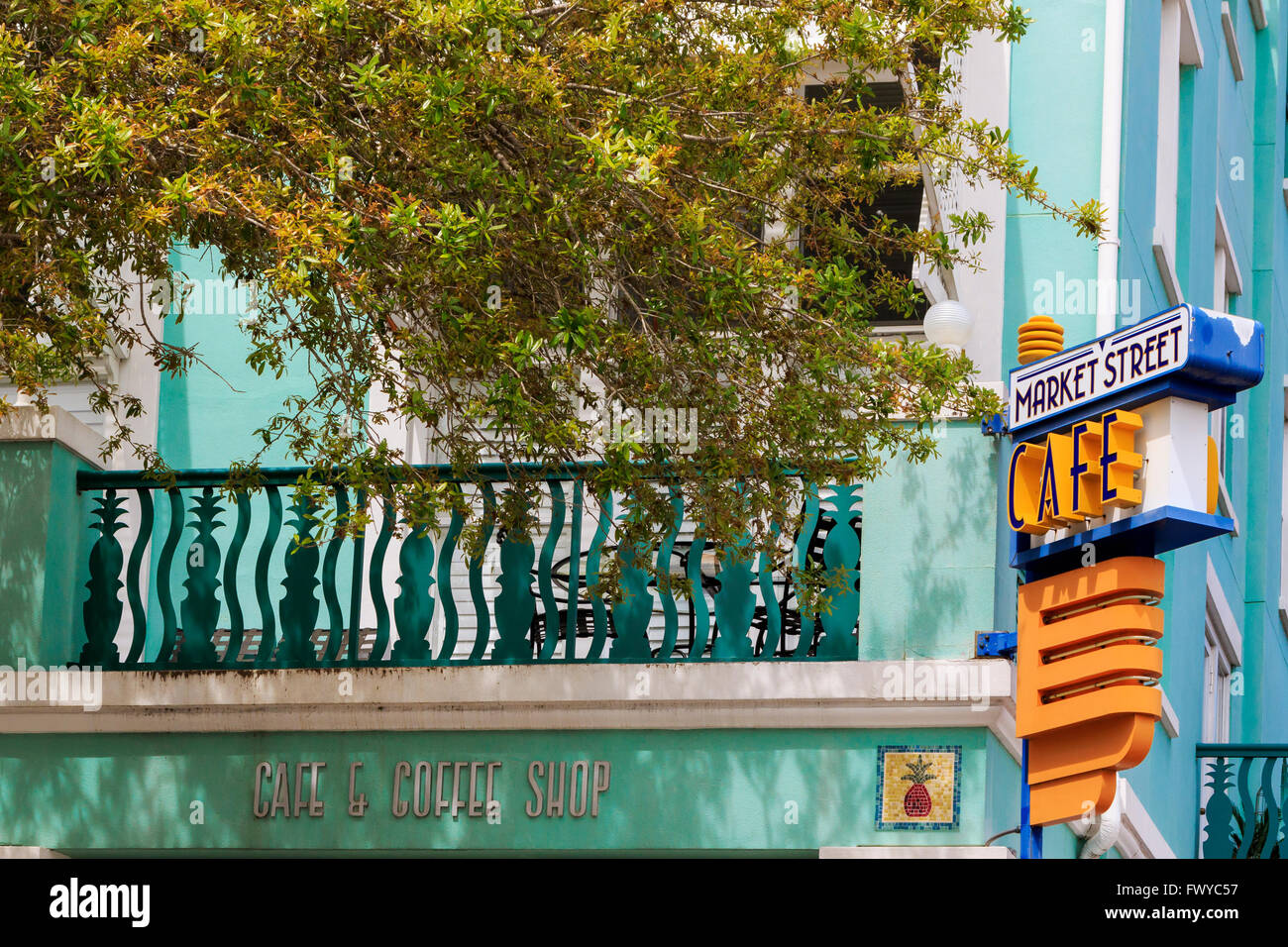 Art Deco cafe sign, Market Street, Celebration, Osceola District, Florida, America, USA Stock Photo