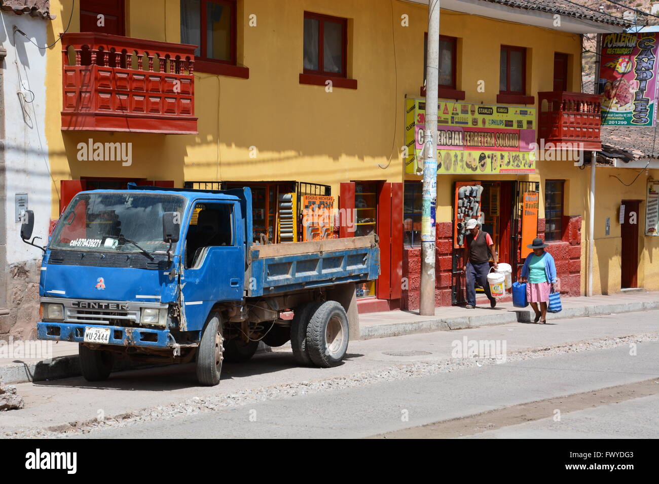 Shops line the Ave. Mariscal Castilla, a main street in the rural town of Urubamba Peru. Stock Photo