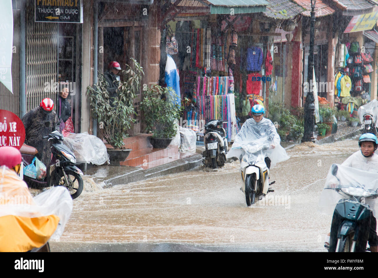 Vietnamese people on scooters riding through a downpour in Sapa, North west Vietnam,Asia Stock Photo