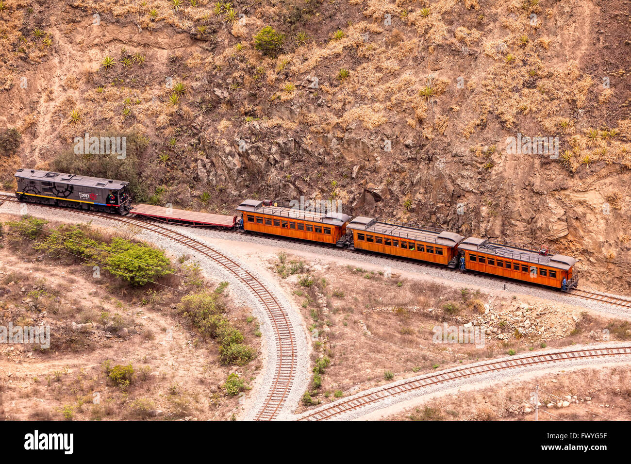 Alausi, Ecuador - 08 December 2011: The Train Stopped In The Station, The Conductor Change Gears, The Train Changes Direction Stock Photo