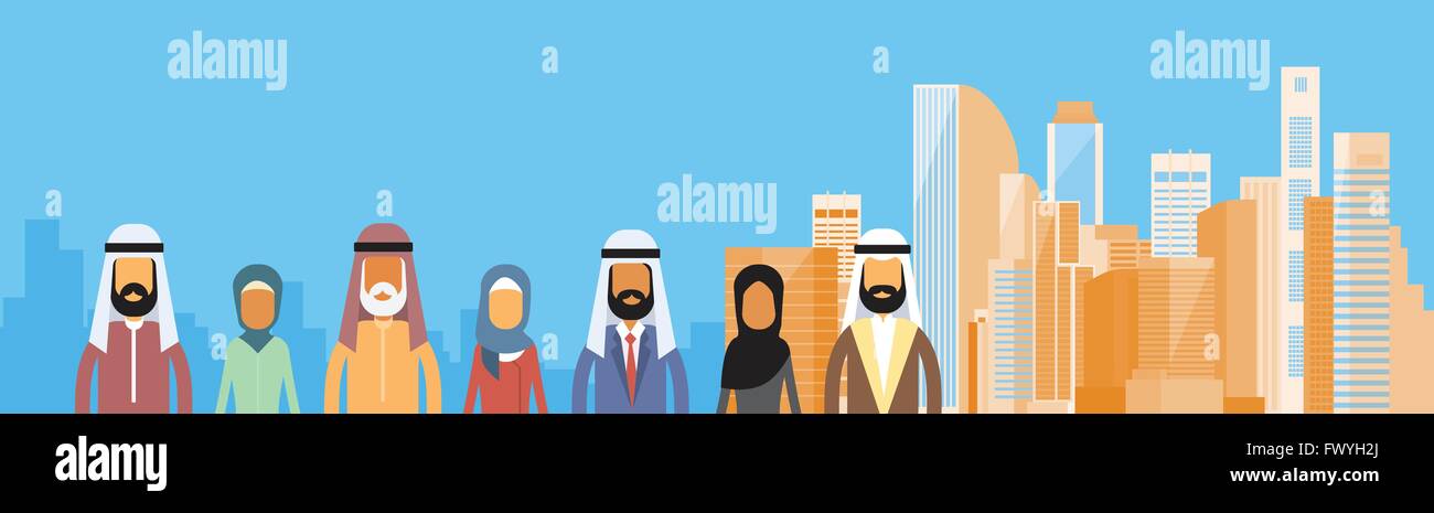 Arab Business People Group, Arabic Crowd Over Big City Landscape Stock ...