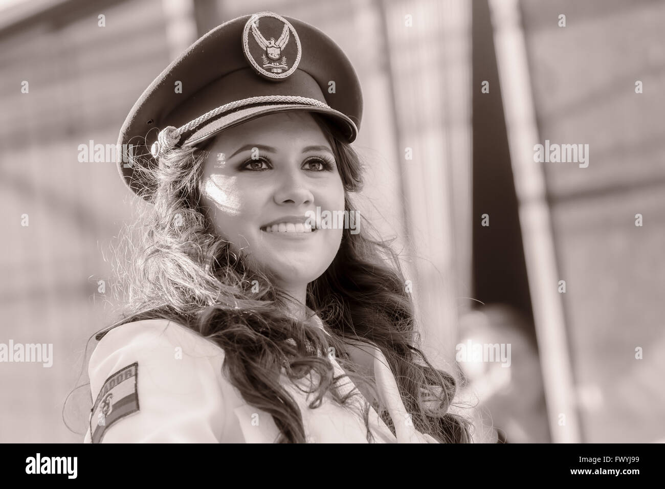 Banos De Agua Santa  - 29 November : Black And White Portrait Of Young Woman Wearing The Uniform Of Navy In Banos De Agua Santa Stock Photo