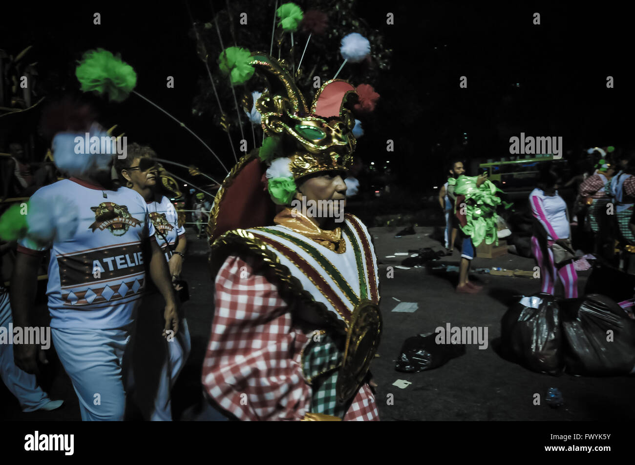 performer of Rio Carnival at the concentration area awaiting to parade. Performers dressing up at the concentrationa rea. Stock Photo