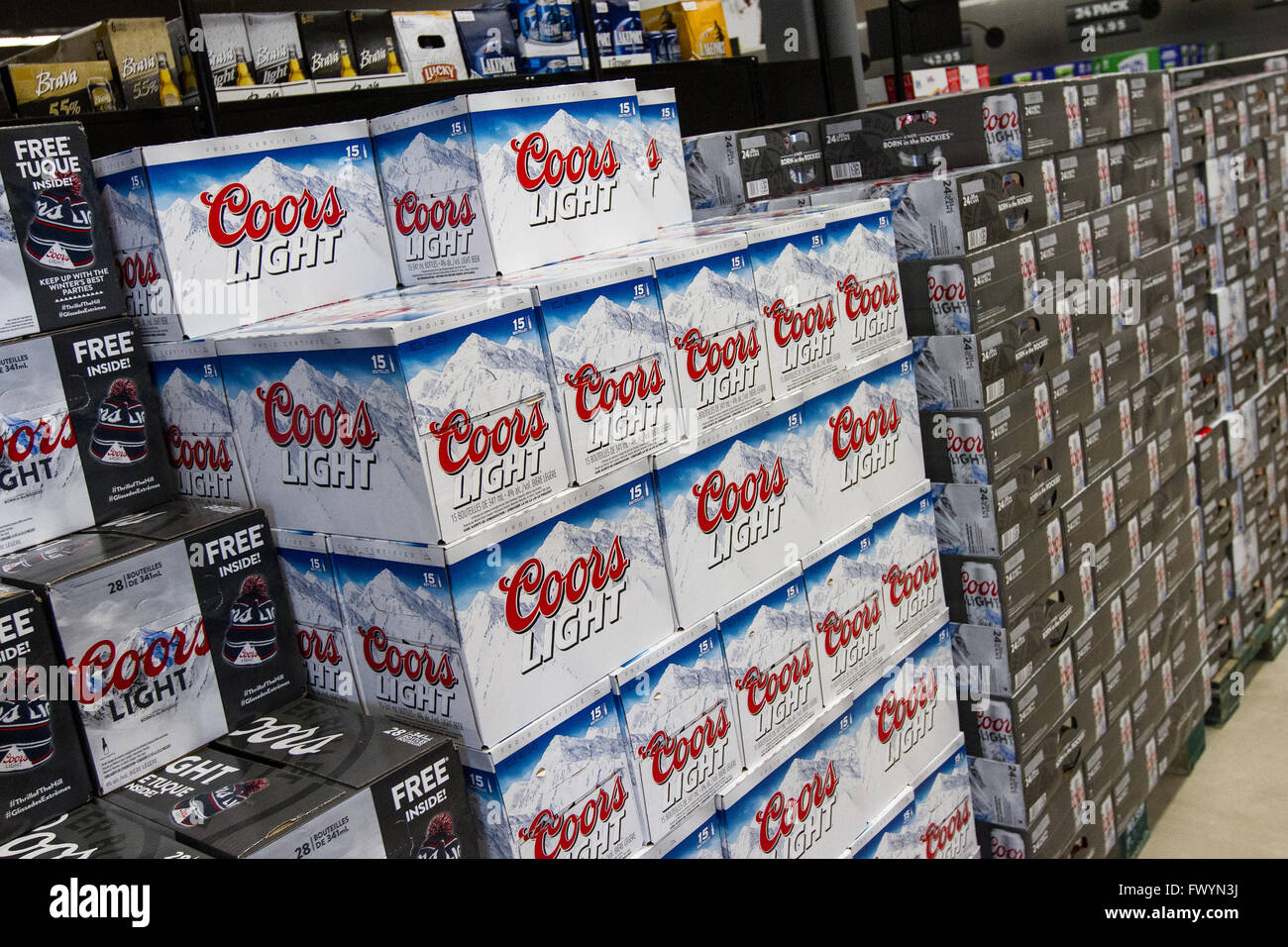 Coors Light beer cases on display at a newly opened self serve Beer store in Kingston, Ont., on March 16, 2016. Stock Photo