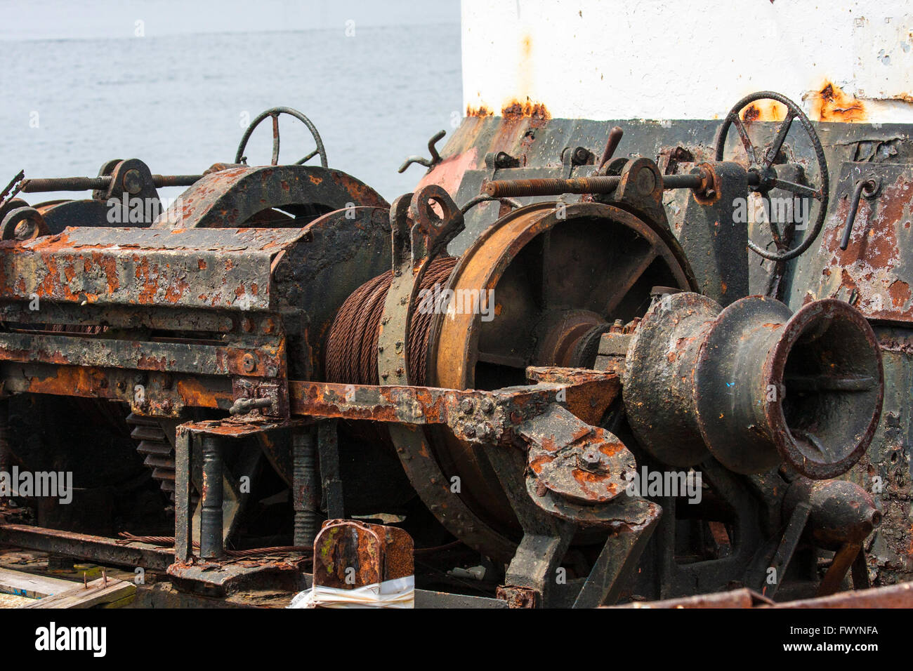 Old rusty machinery on a fishing boat, elapsed time Stock Photo
