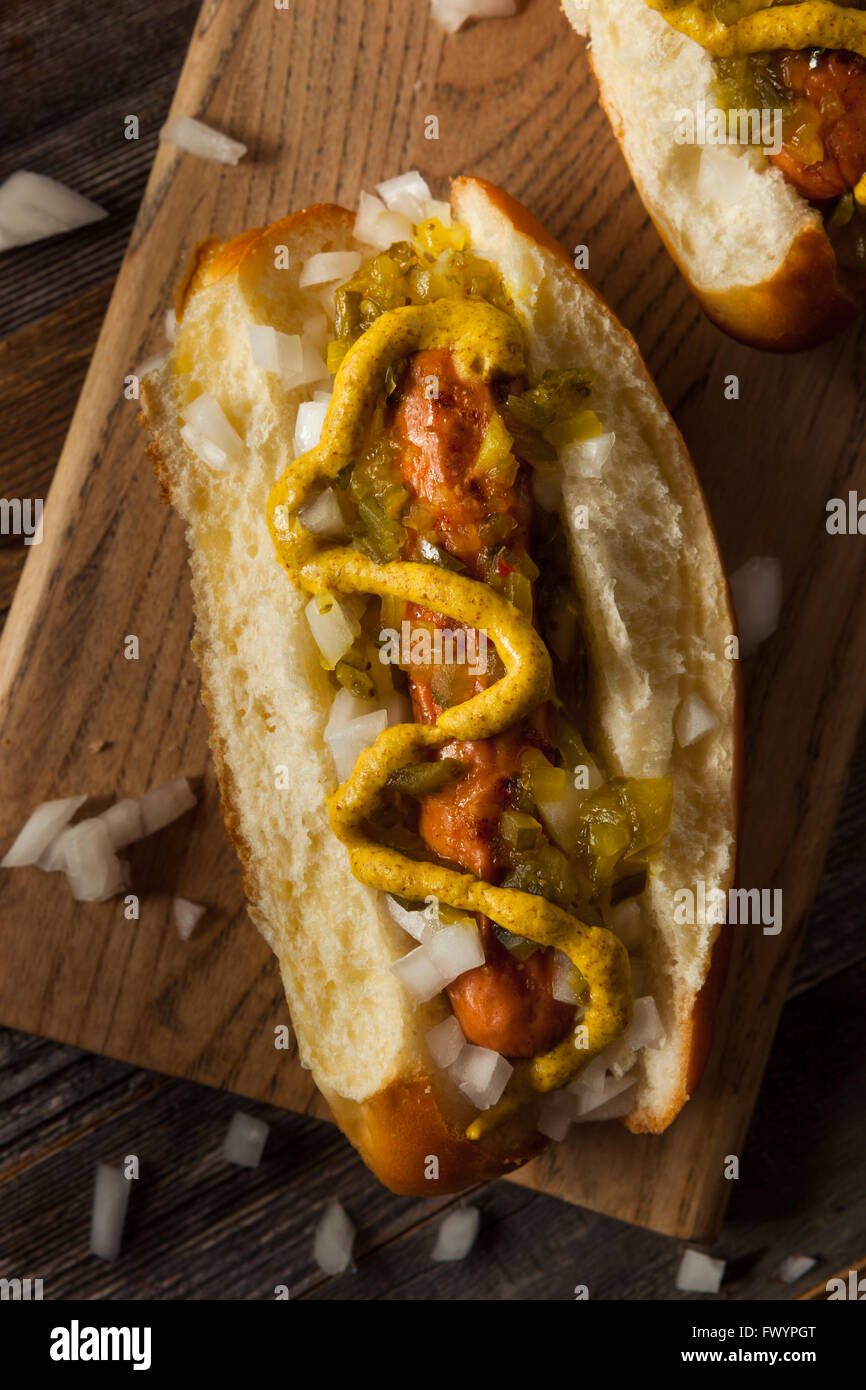 Healthy Grilled Turkey Hot Dog with Mustard and Onions Stock Photo Alamy