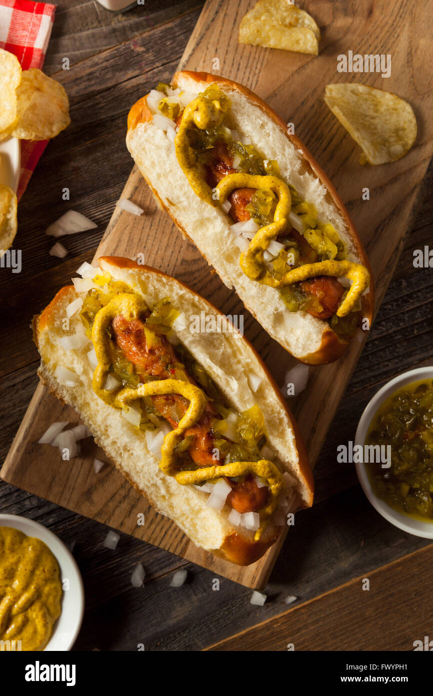 Healthy Grilled Turkey Hot Dog with Mustard and Onions Stock Photo Alamy