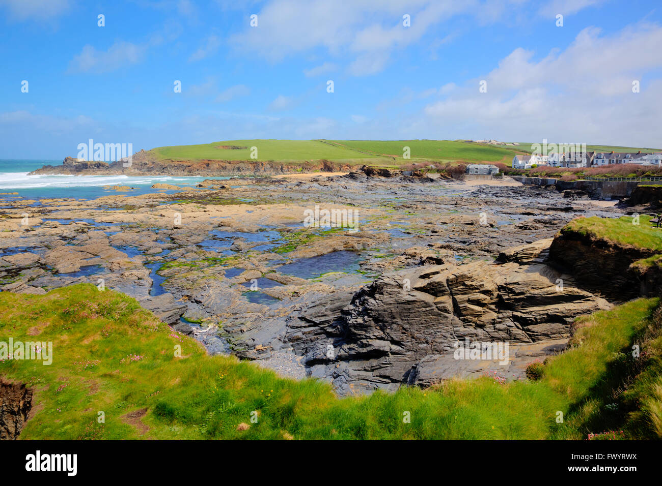 Rocky rugged cornish coast Newtrain Bay North Cornwall near Padstow and ...