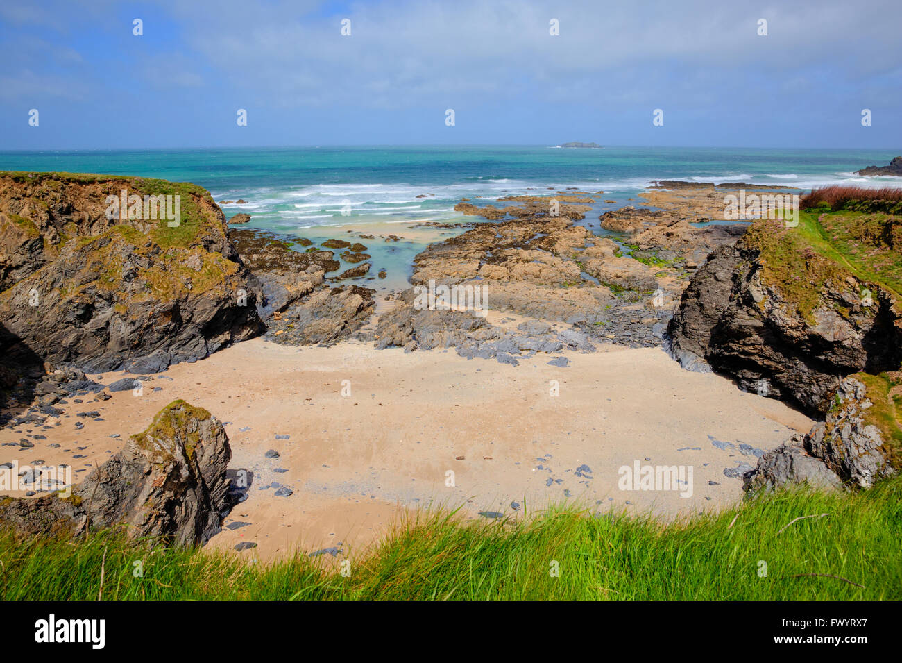 Newtrain Bay North Cornwall near Padstow and Newquay rocky coast and on