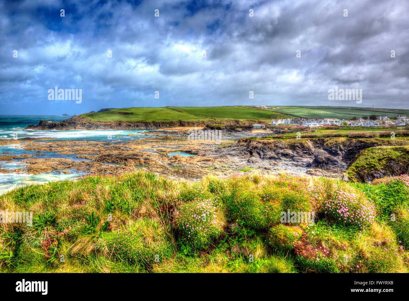 Newtrain Bay North Cornwall near Padstow and Newquay rocky coast and on