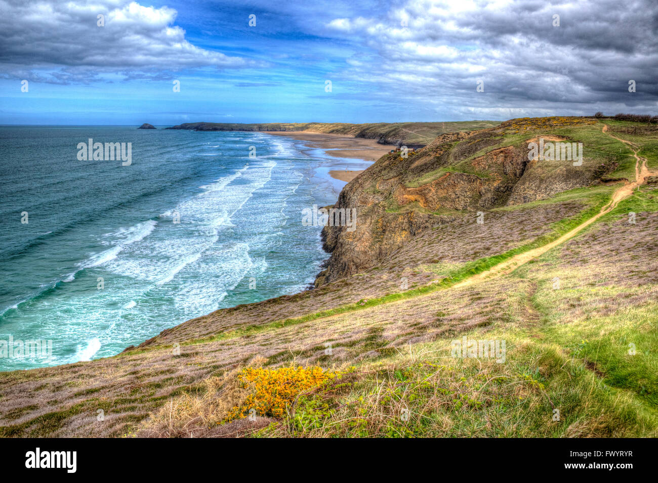 Coast path Perranporth North Cornwall England UK in colourful hdr with