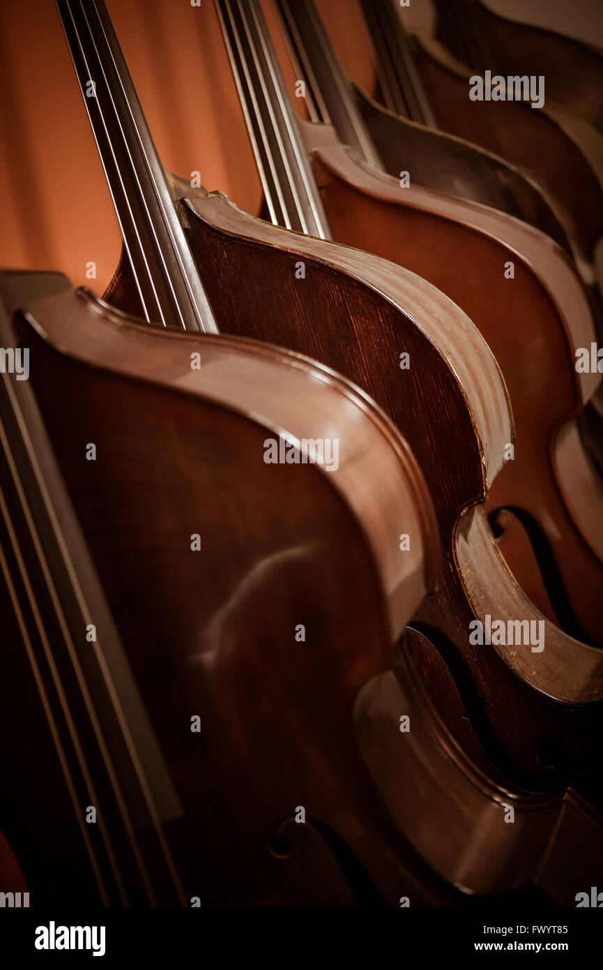 Group of cellos in the workshop violin maker Stock Photo