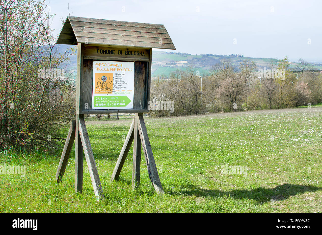 entrance sign of Cavaioni Park in the Colli Bolognesi  area, outskirts of Bologna Stock Photo