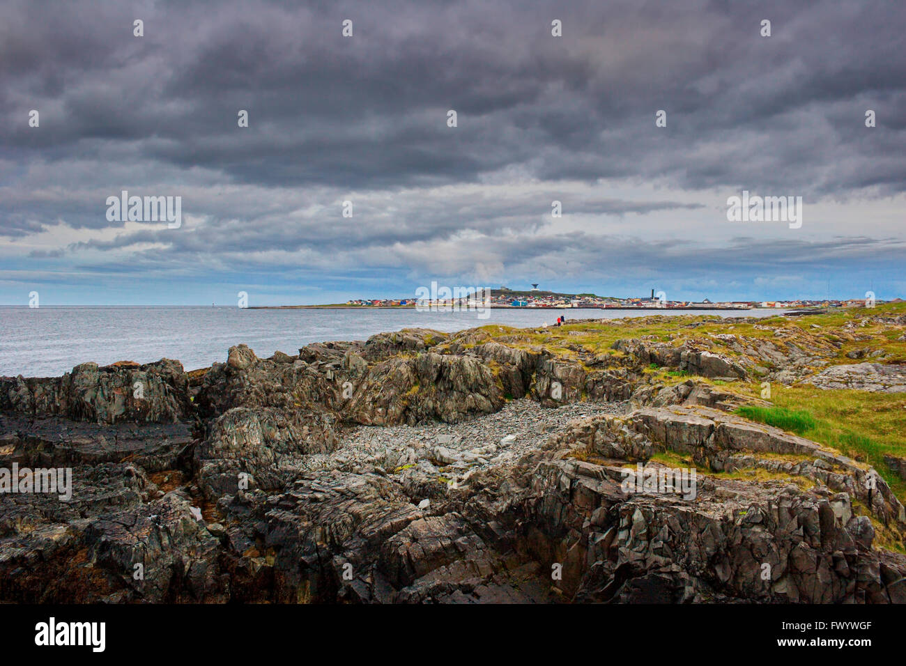 The town Vardø seen from Skagen on a stormy summer day. Varanger region in arctic Norway. Stock Photo