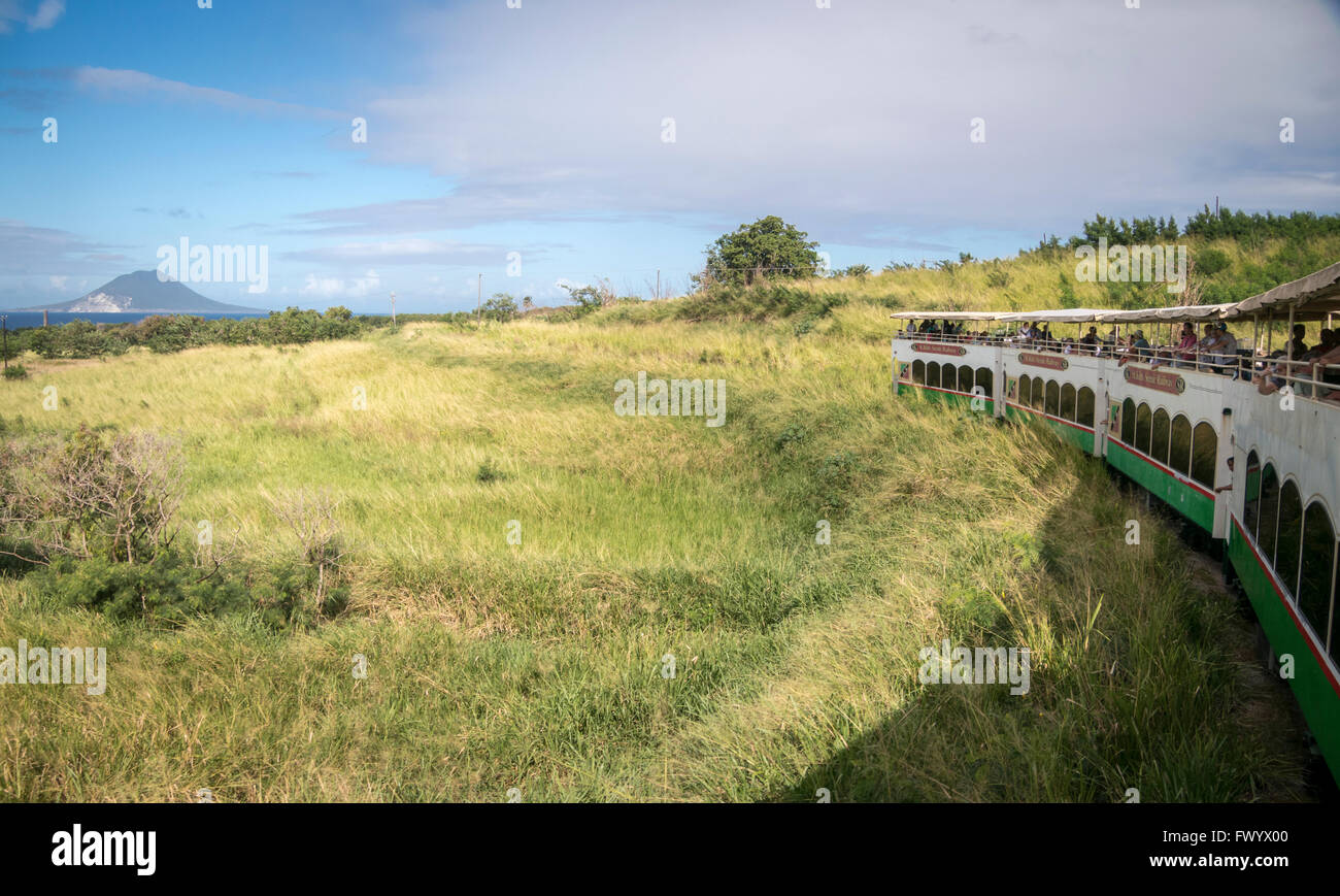 The scenic railway on the island of St Kitts with the island of Nevis in the distance Stock Photo