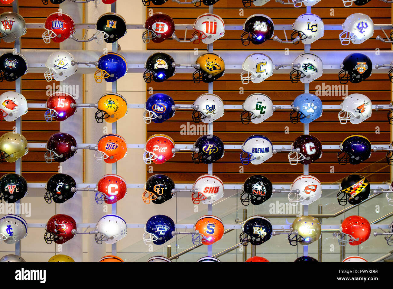 The helmet wall at the College Football Hall of Fame, Atlanta, Georgia ...
