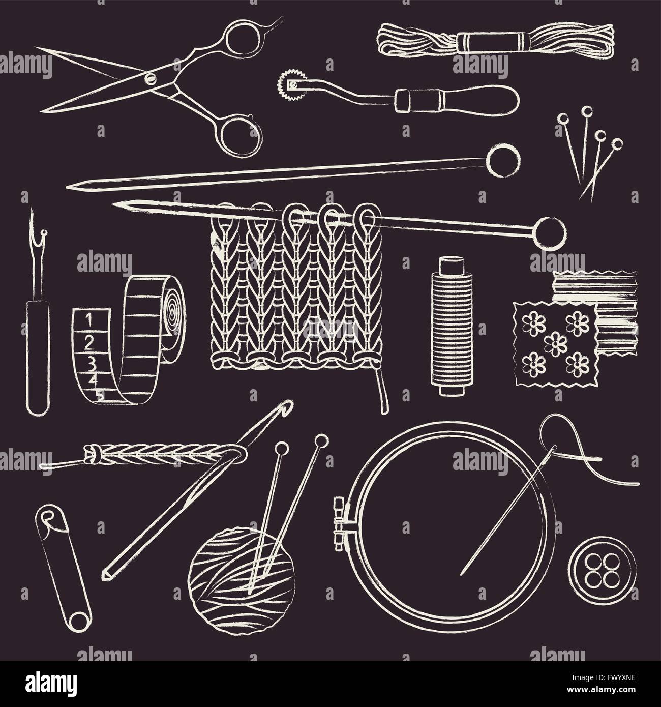 Sewing and sewing needlework chalk stroked symbols on blackboard Stock Vector