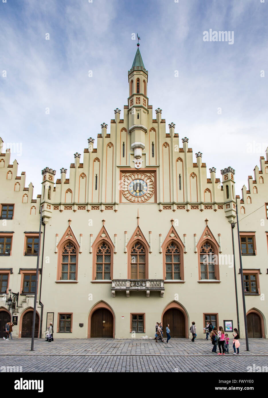 LANDSHUT, GERMANY - MARCH 31. Tourists at the historic town hall in