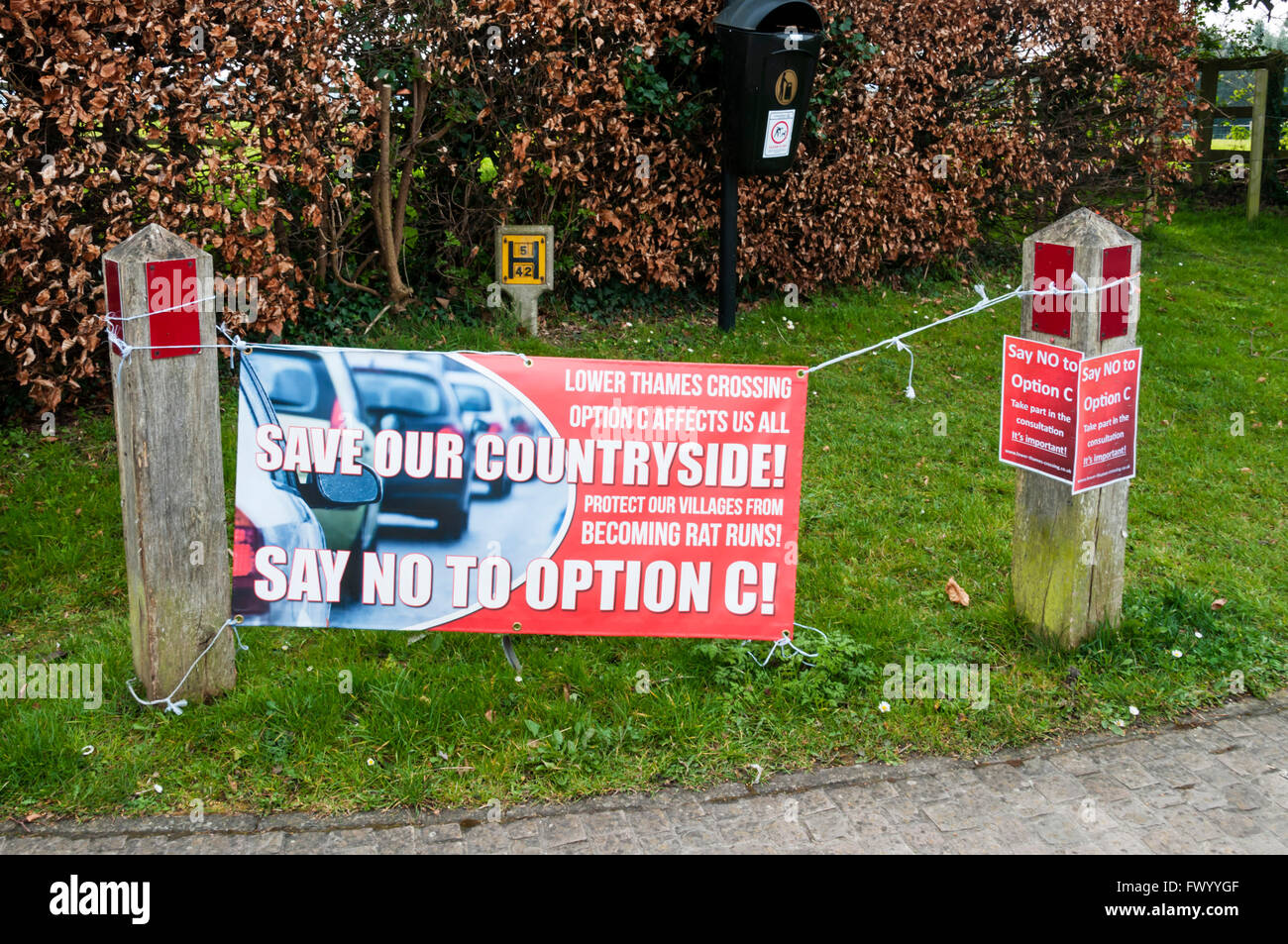 A protest banner in the Kent village of Cobham protesting about the route of Option C for the proposed Lower Thames Crossing. Stock Photo