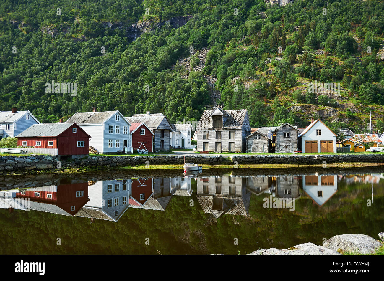 Shoreline Laerdal Norway historic village with old wood houses before the fire Stock Photo