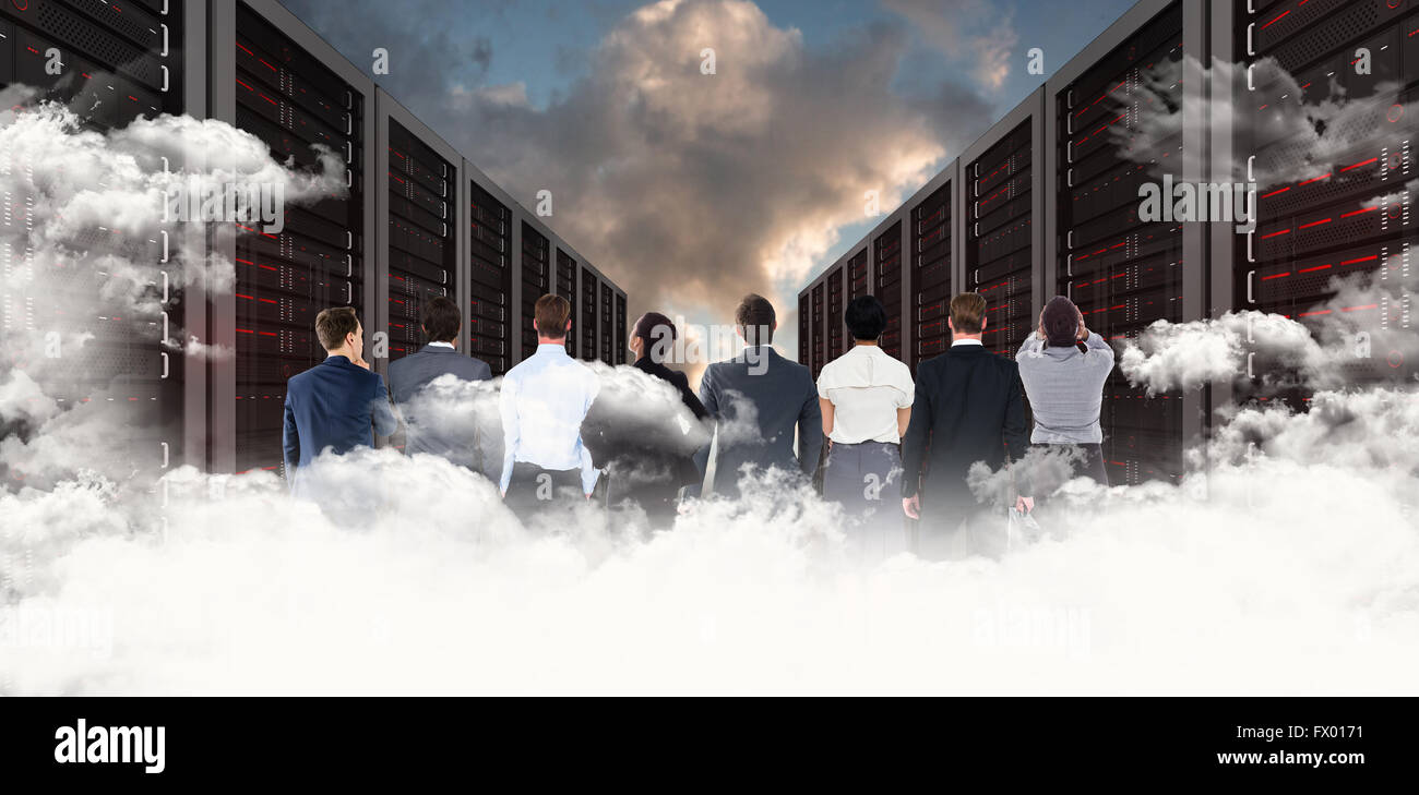 Composite image of rear view of multiethnic business people standing ...