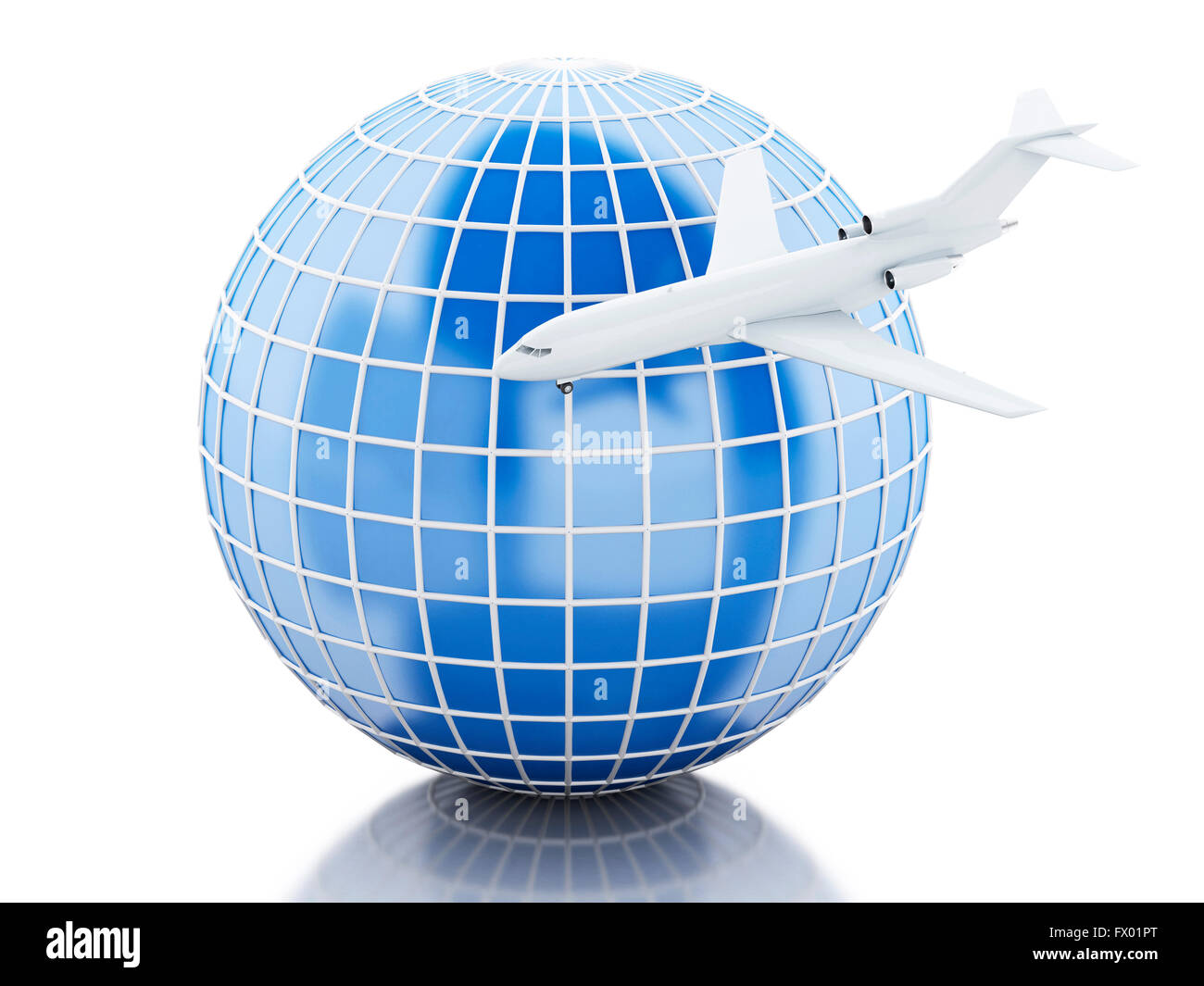3D Illustration. Airplane flying around globe. Travel concept. Isolated ...