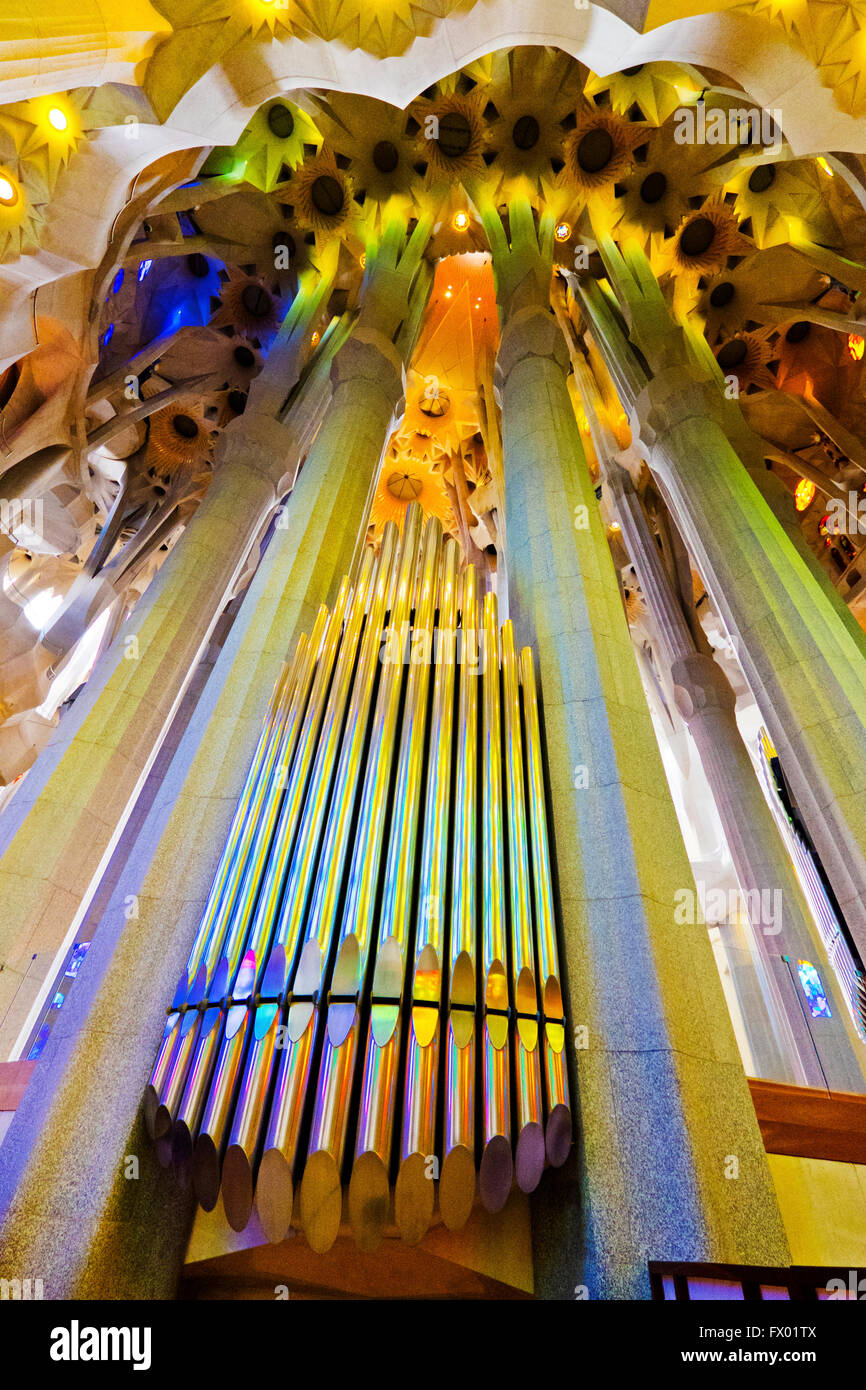 Church organ pipes, Sagrada Familia, Barcelona, Spain Stock Photo