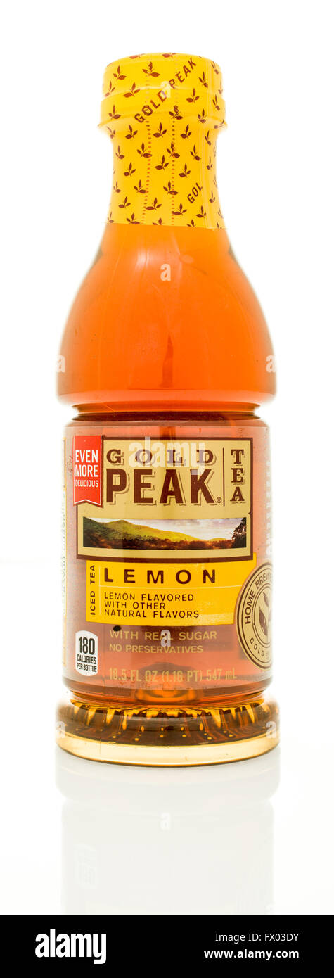 Winneconne, WI - 14 Jan 2016:  Bottle of Gold Peak lemon flavored tea. Stock Photo