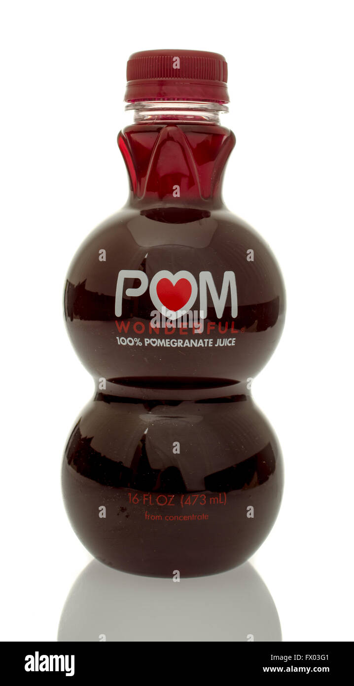 Winneconne, WI - 5 March 2016:  A bottle of Pom 100% pomergranate juice Stock Photo