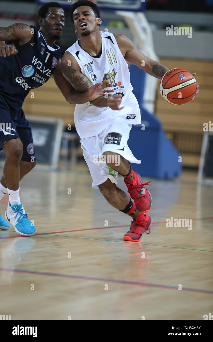 Stratford, UK. 08th Apr, 2016. Copper Box Arena, Stratford, United Kingdom - British Basketball Leage match between London Lions and Worcester Wolves - Credit:  Samuel Bay/Alamy Live News Stock Photo