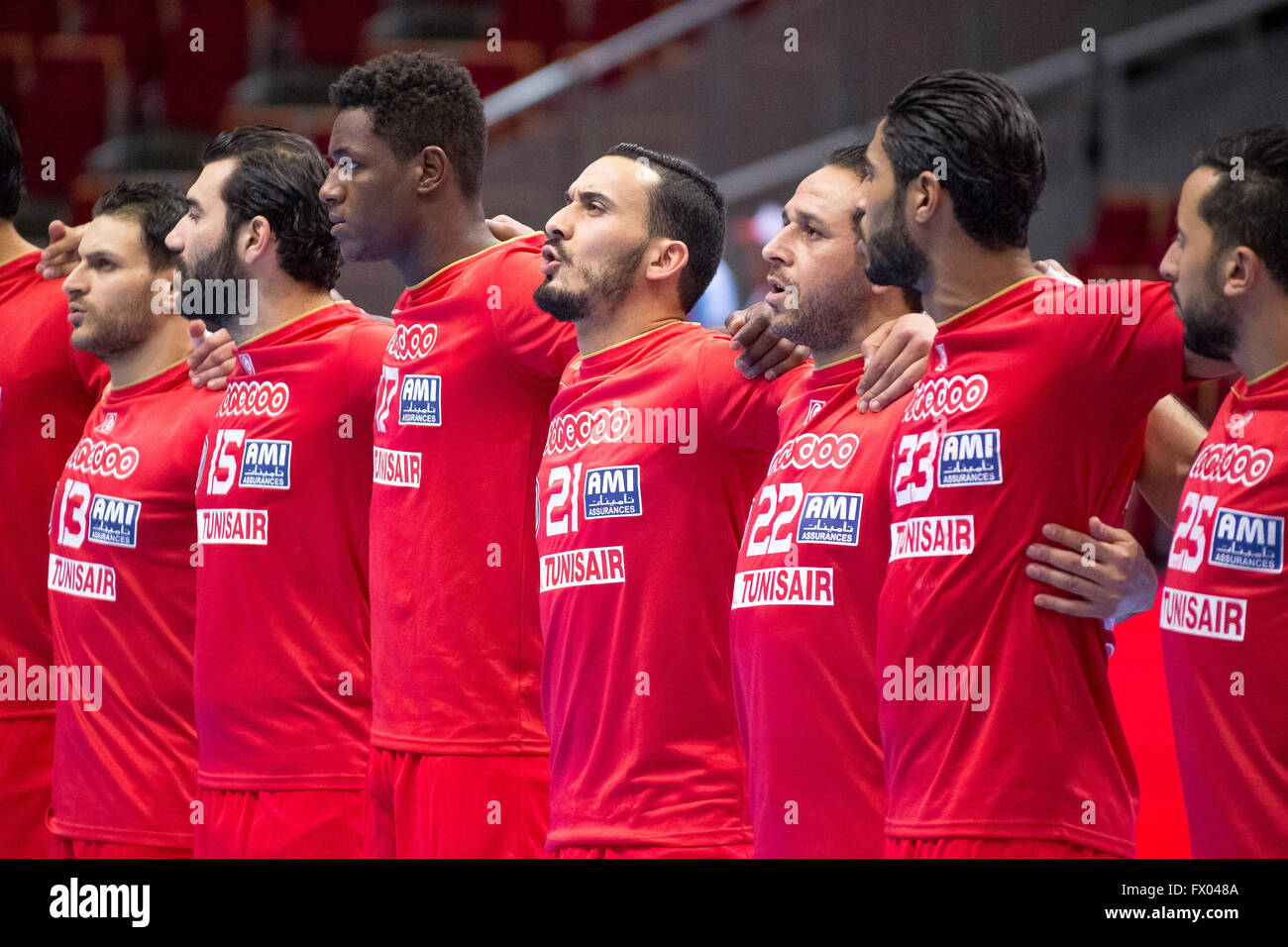 ERGO Arena, Gdansk, Poland, 8th April, 2016. 2016 IHF Men's Olympic Games Qualification Tournament,  Mohamed Ali Bhar, Khaled Haj Youssef, Wael Jallouz, Oussama Boughanmi, Oussama Hosni, Abdelhak Ben Salah in action during handball match Chile v Tunisia, Credit:  Tomasz Zasinski / Alamy Live News Stock Photo