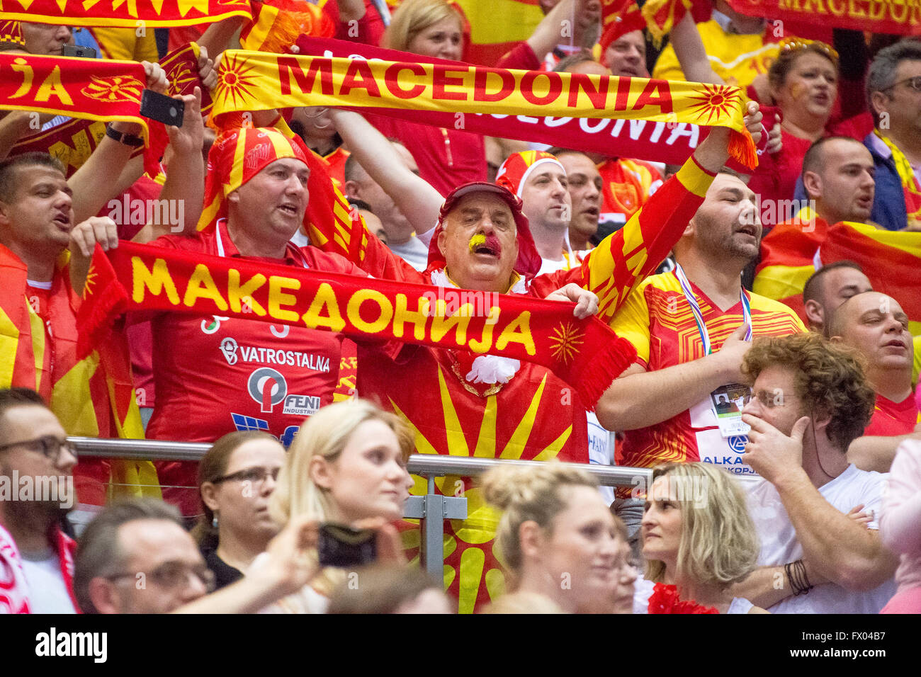 ERGO Arena, Gdansk, Poland, 8th April, 2016. 2016 IHF Men's Olympic Games Qualification Tournament,  Fans of Macedonia during handball match Poland v Macedonia, Credit:  Tomasz Zasinski / Alamy Live News Stock Photo