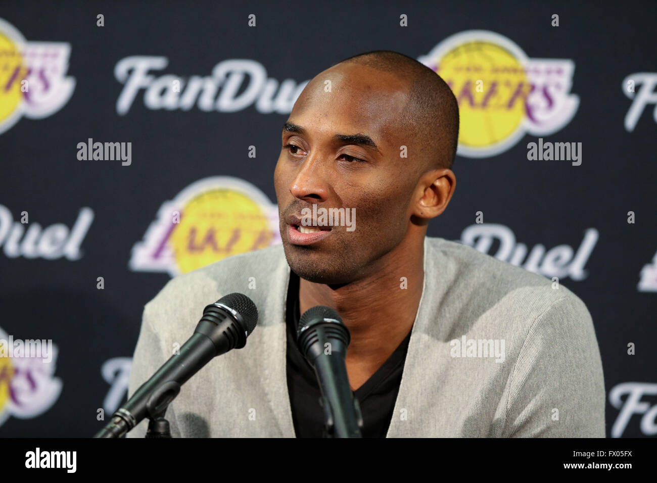 Former Laker Kobe Bryant looks on during his jersey retirement ceremony at  Staples Center in Los Angeles, December 18, 2017. Photo by Jon SooHoo/UPI  Stock Photo - Alamy