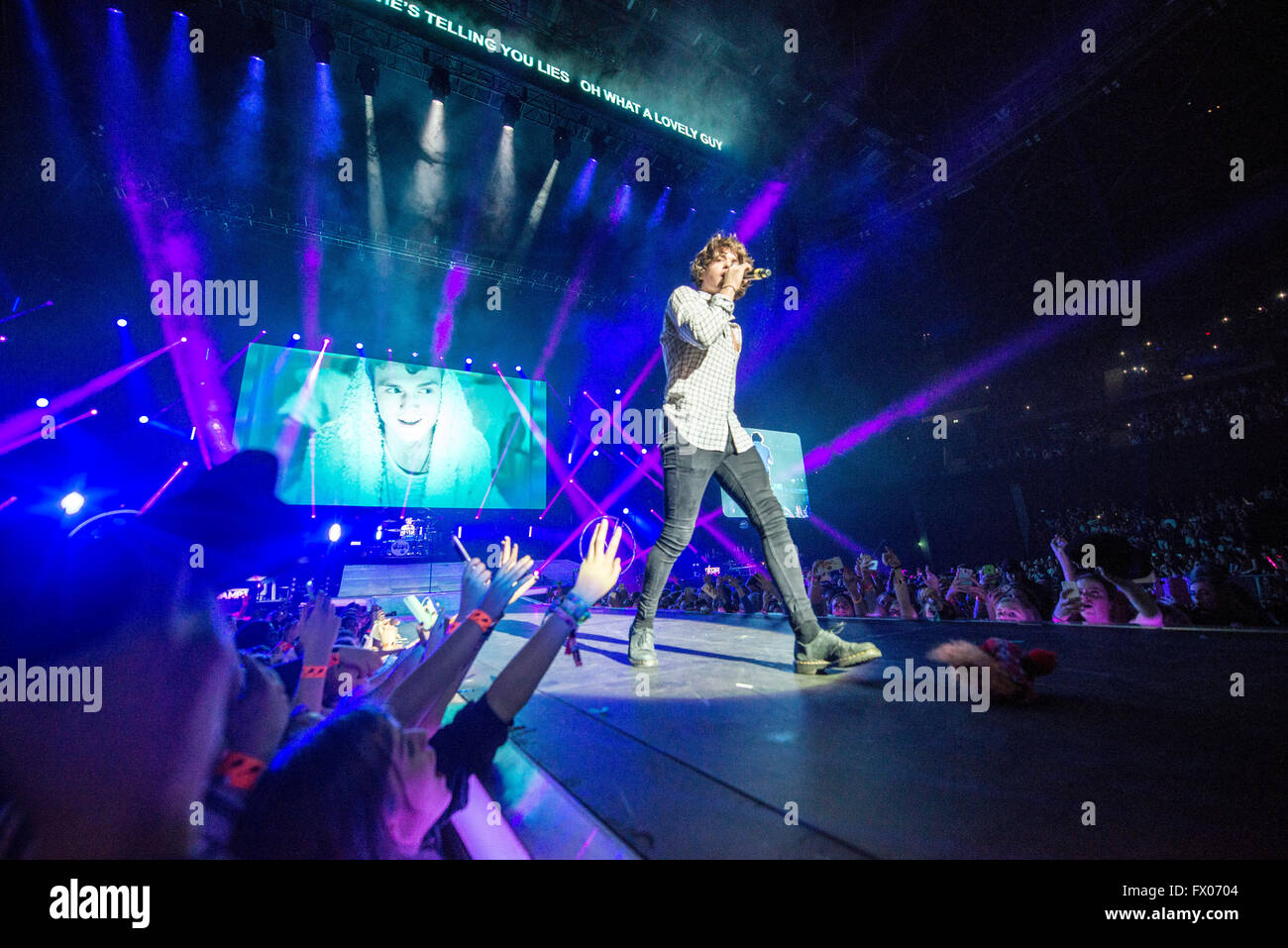 Glasgow, Scotland, UK. 08th Apr, 2016. Bradley Simpson of The Vamps performs on stage at The SEE Hydro on April 8, 2016 in Glasgow,Scotland. Credit:  Sam Kovak/17�Թ����� Live News Stock Photo