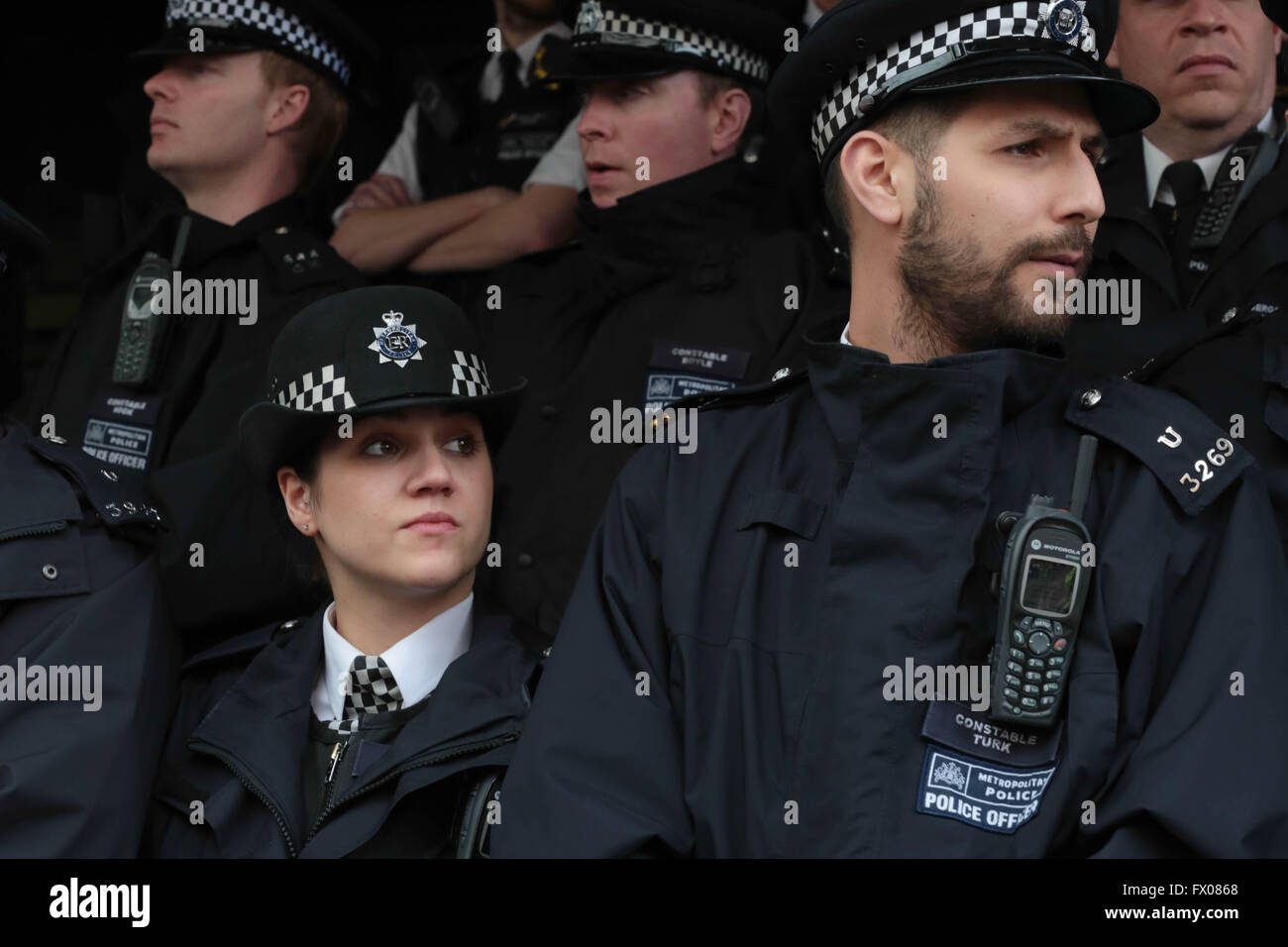 London, UK. 09th Apr, 2016. police officers outside the Connaught Hotel as it became surrounded by protesters Credit:  Thabo Jaiyesimi/Alamy Live News Stock Photo