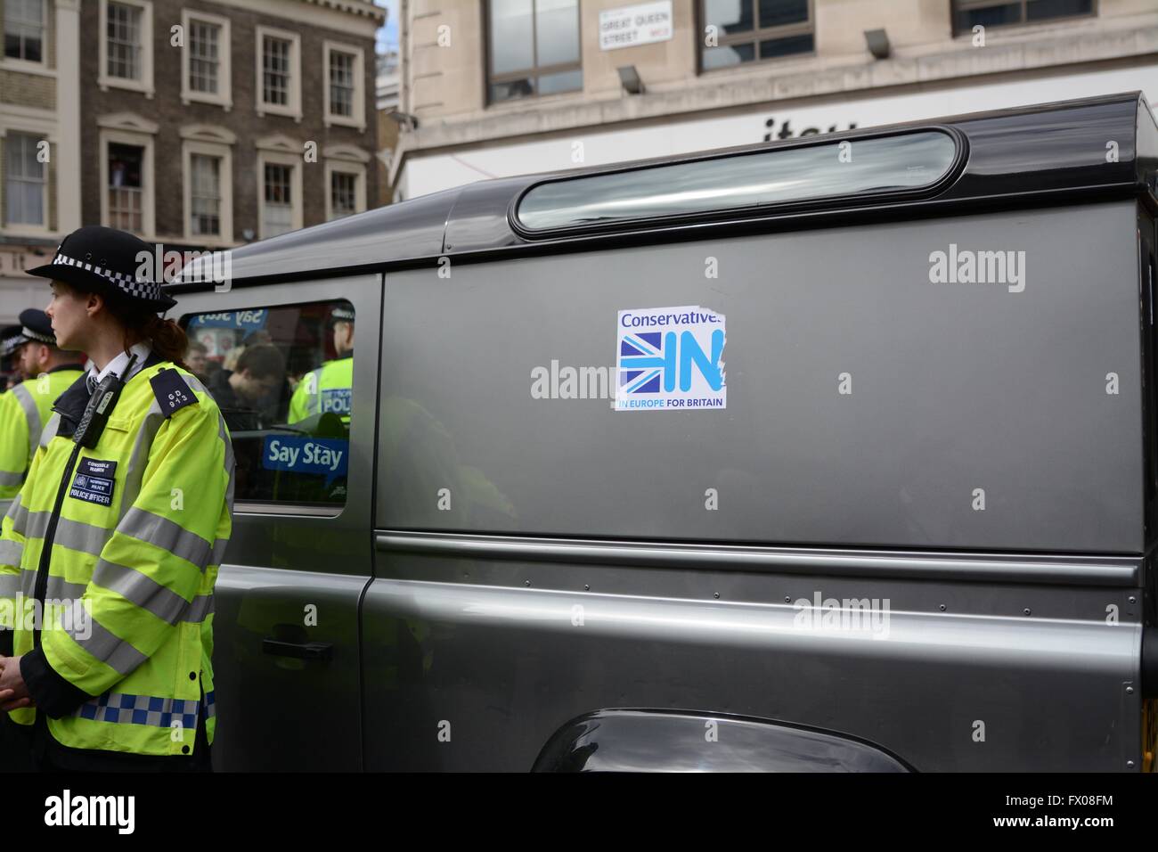 London, UK. 9th April 2016. A car from the Conservatives In campaign is cornered as stuck as it tries to leave the Conservative Spring Conference. Credit: Marc Ward/Alamy Live News Stock Photo