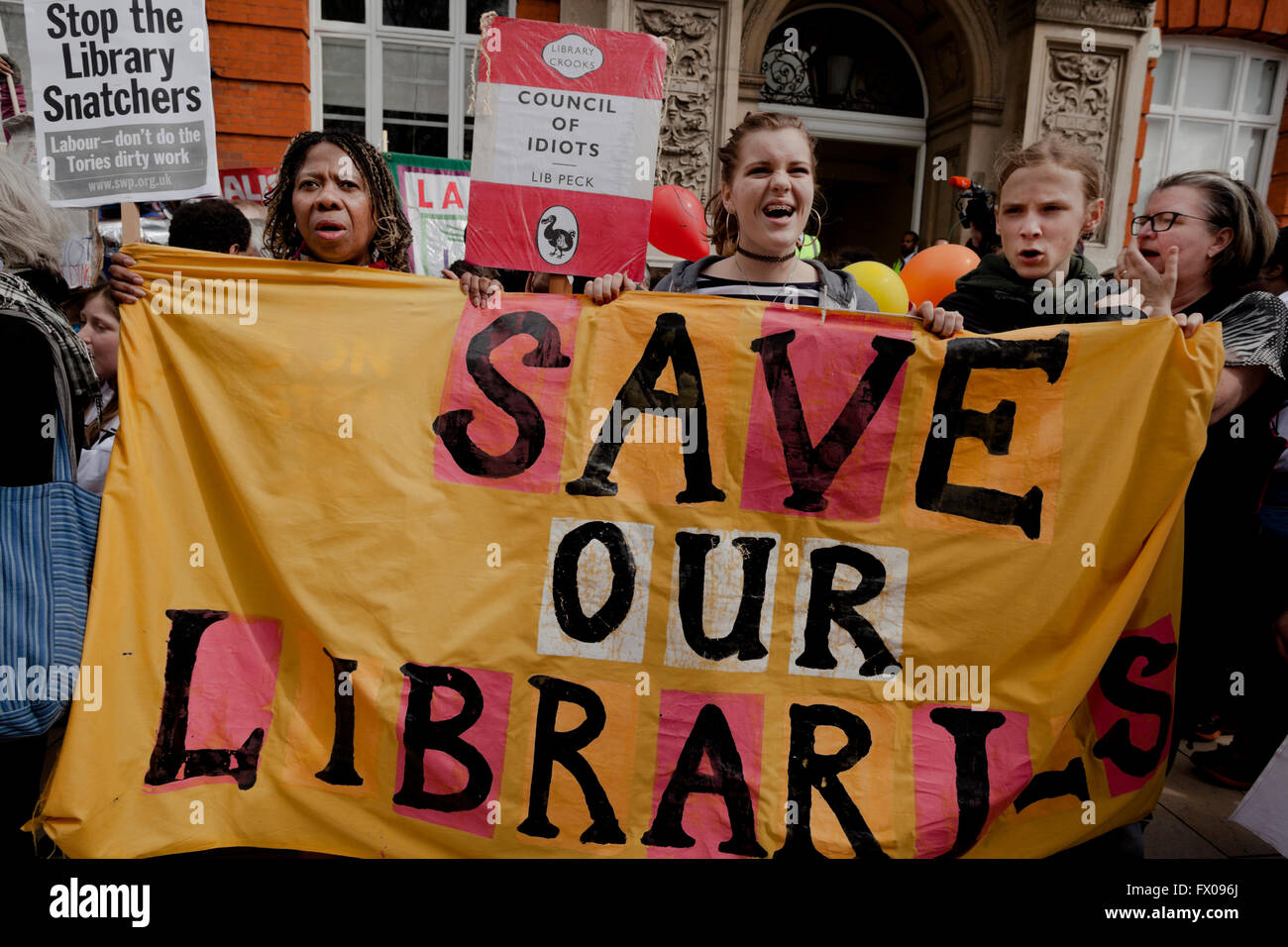 London, UK. 09th Apr, 2016. Protesters campaigning against the closure of libraries in Lambeth and for the plan to convert them into 'bookish' gyms. Protest march ended outside Tate Library Credit:  Honey Salvadori/Alamy Live News Stock Photo