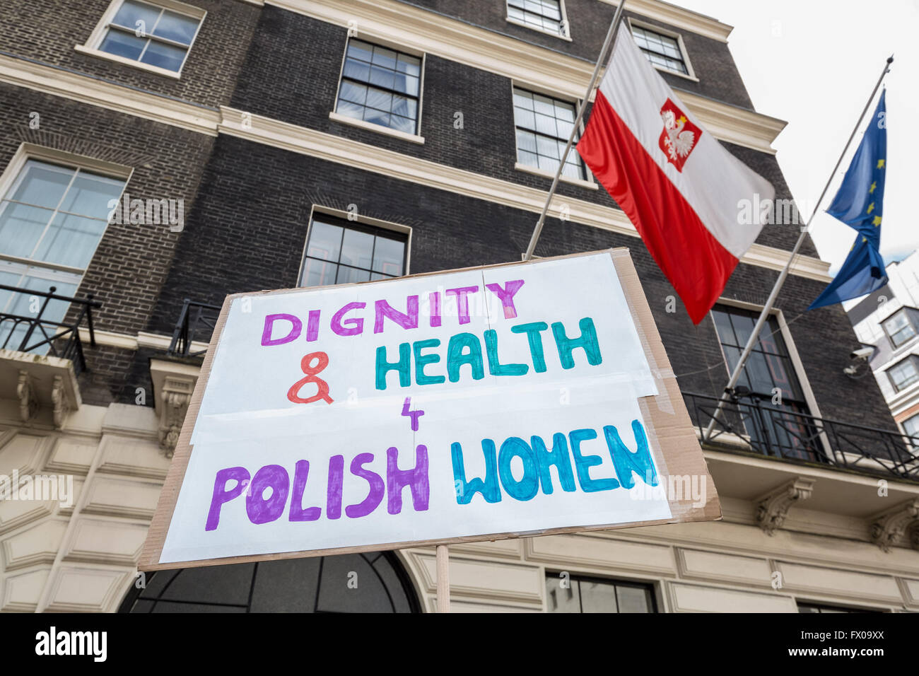 London, UK. 9th April, 2016. Protest outside Polish Embassy in London ‘Nie dla torturowania kobiet w Polsce’ (No to torturing women in Poland) against proposed legislation that will tighten the already strict anti-abortion regulations in Poland Credit:  Guy Corbishley/Alamy Live News Stock Photo