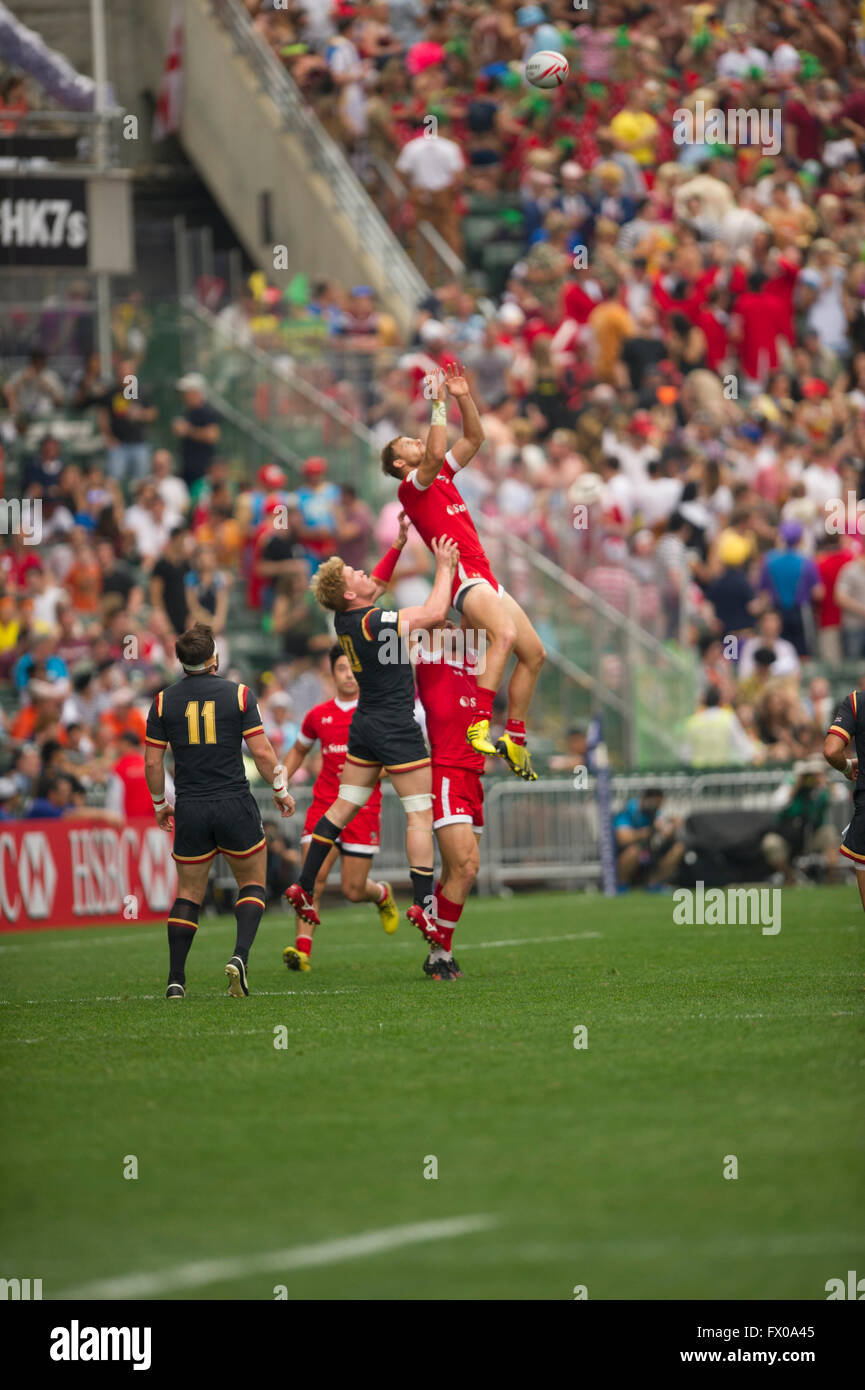 Hong Kong, China. 9, April, 2016. HSBC World Rugby Sevens Series-round 7, Hong Kong Stadium.  Wales vs Canada (red). Wales wins 24-10. Credit:  Gerry Rousseau/Alamy Live News Stock Photo