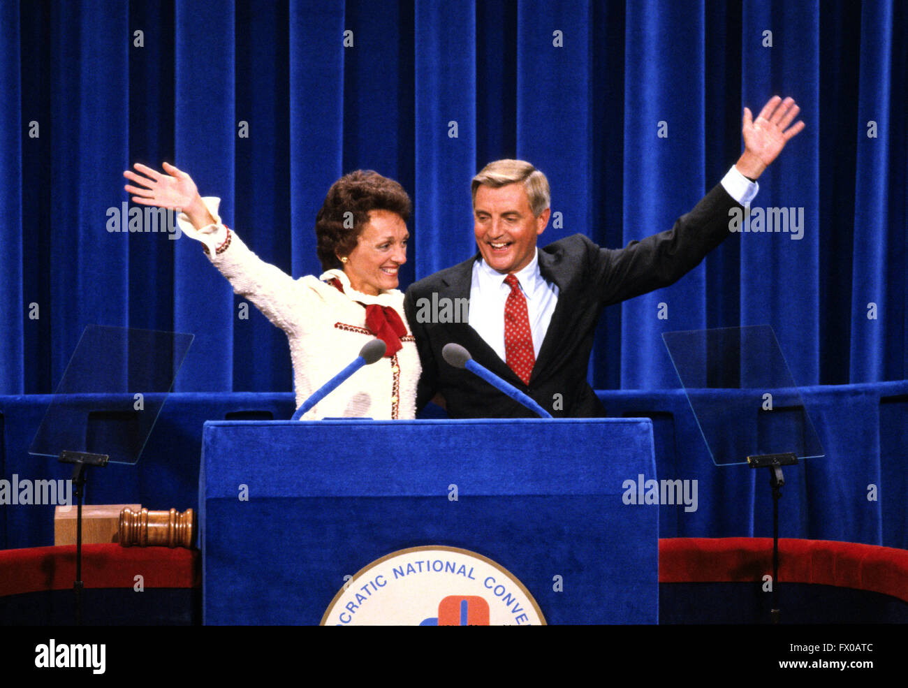 New York, New York, USA. 14th Aug, 1980. United States Vice President President Walter Mondale, right, and his wife, Joan, left, wave to the crowd after he delivered his speech accepting his party's nomination for reelection as Vice President of the United States at the 1980 Democratic National Convention in Madison Square Garden in New York, New York on August 13, 1980.Credit: Arnie Sachs/CNP © Arnie Sachs/CNP/ZUMA Wire/Alamy Live News Stock Photo