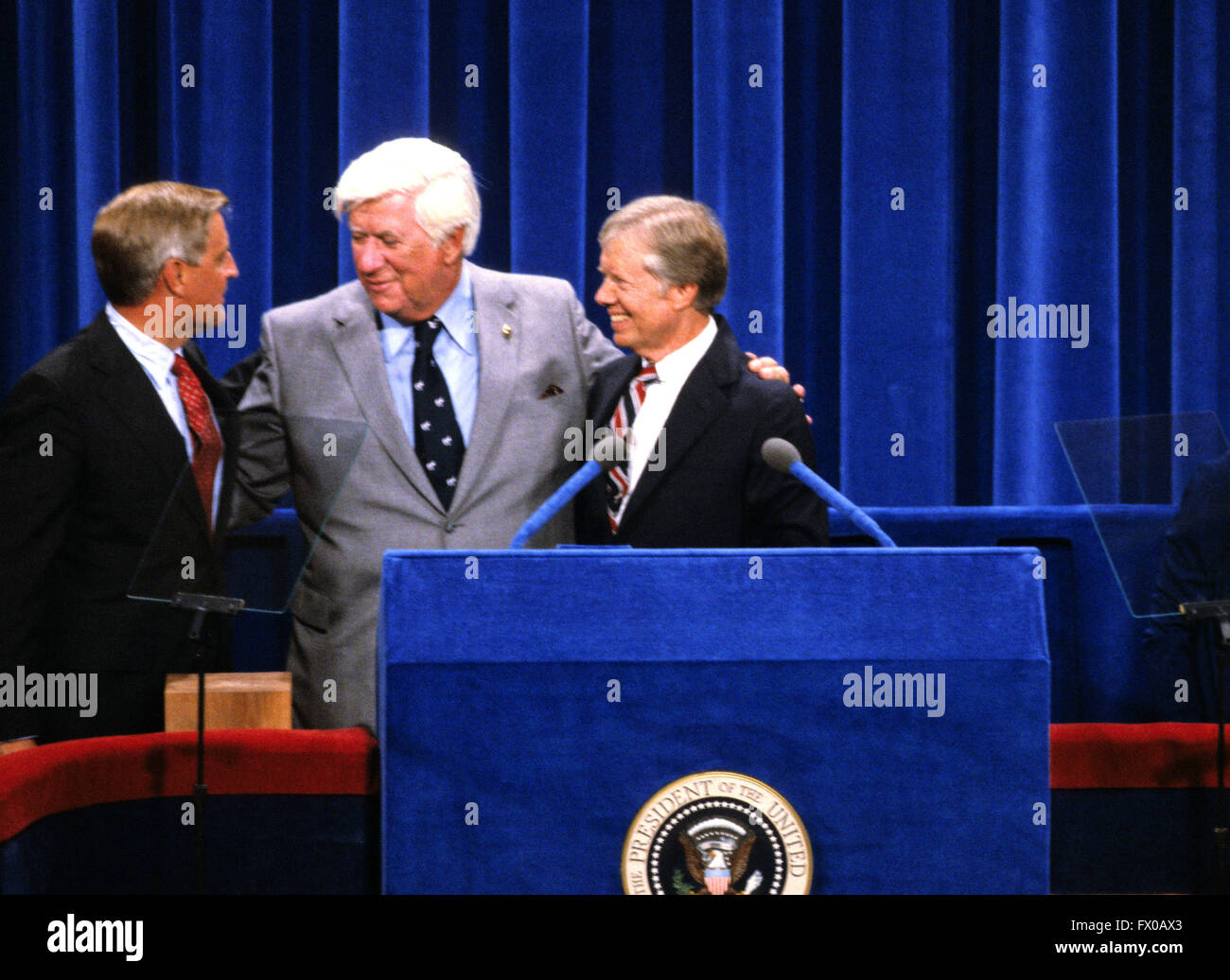 New York, New York, USA. 26th Mar, 2016. Speaker of the United States House of Representatives Tip O'Neill (Democrat of Massachusetts), center, and US Vice President Walter Mondale, left, and US President Jimmy Carter, right, on the podium of the 1980 Democratic National Convention in Madison Square Garden in New York, New York on August 13, 1980.Credit: Arnie Sachs/CNP © Arnie Sachs/CNP/ZUMA Wire/Alamy Live News Stock Photo