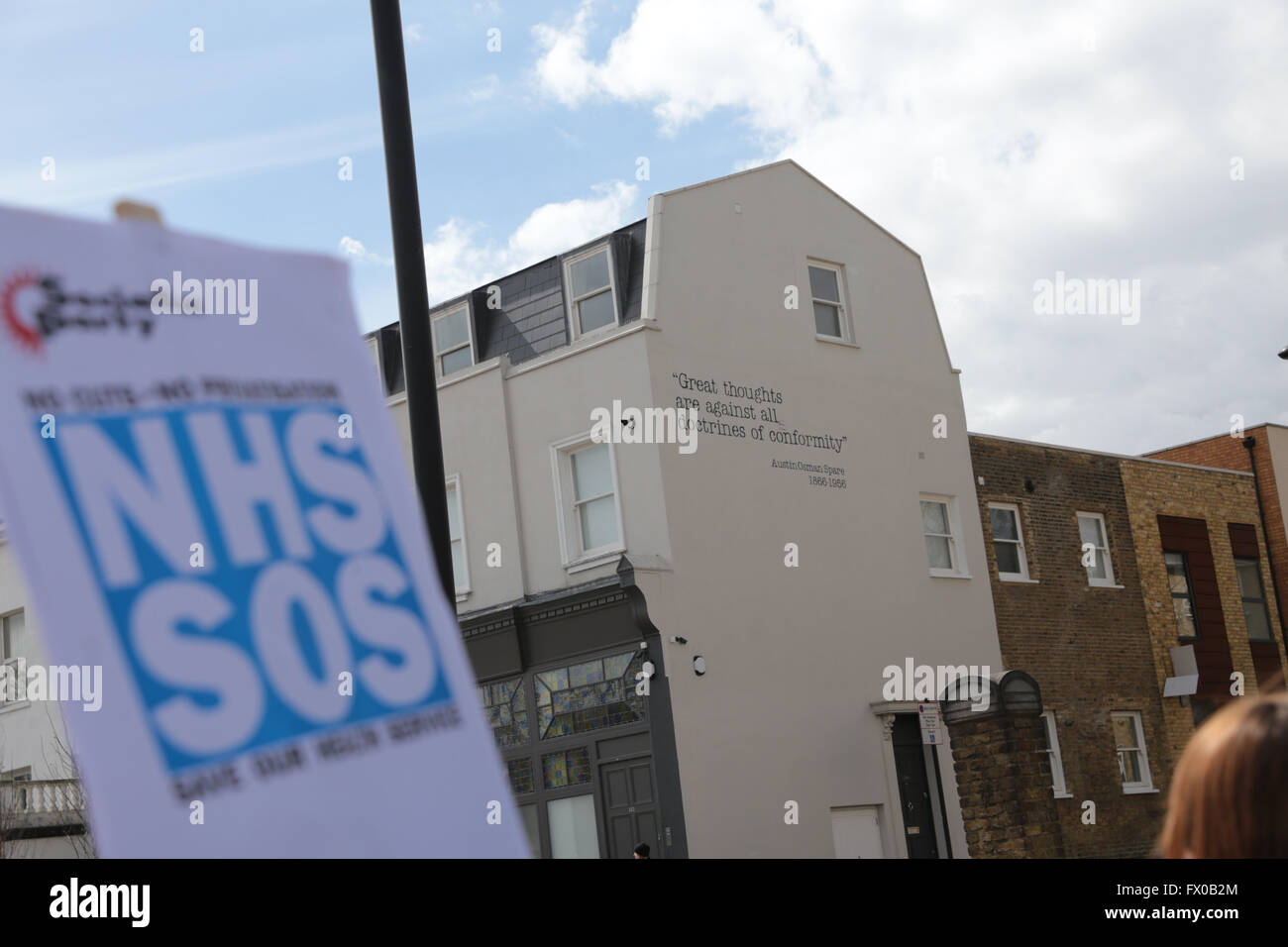 Lambeth, London, UK. 09th Apr, 2016. Defend the ten protest march against proposed changes to Lambeth library services including Carnegie library in Herne Hill. Carnegie library was occupied for 10 days since Lambeth closed the library to convert the building to a 'heatlhy living centre' with gym. The occupation ended today and over 1000 demonstraters marched from Carnegie library to Brixton's Tate library via Minet Library., services10 days since Lambeth closed the library to convert the building to a 'heatlhy living centre' with gym. Credit:  David Stock/Alamy Live News Stock Photo