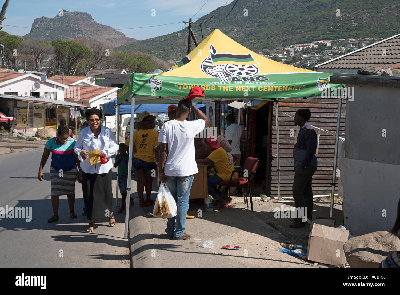 The last weekend for Southern African citizens to register to vote in the next election. Residents seen at the canvassing tent of the ANC Party in Imizamo Yethu township Hout Bay in the Western Cape Stock Photo