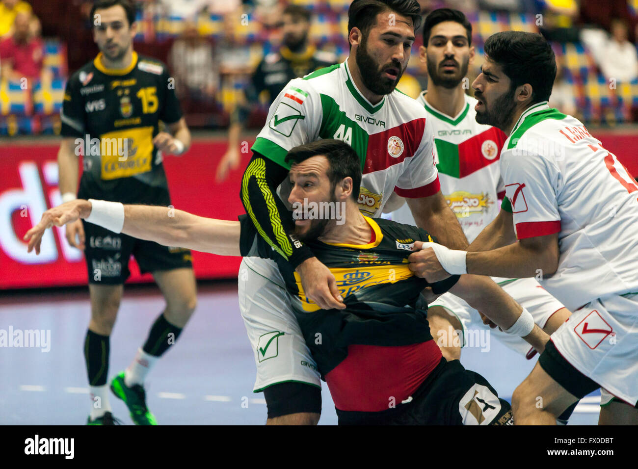 Malmö, Sweden, April 9th, 2016. Gedeón Guardiola (30) of Spain in action during the IHF 2016 Men’s Olympic Qualification Tournament between Spain and Iran in Malmö Arena. Stock Photo