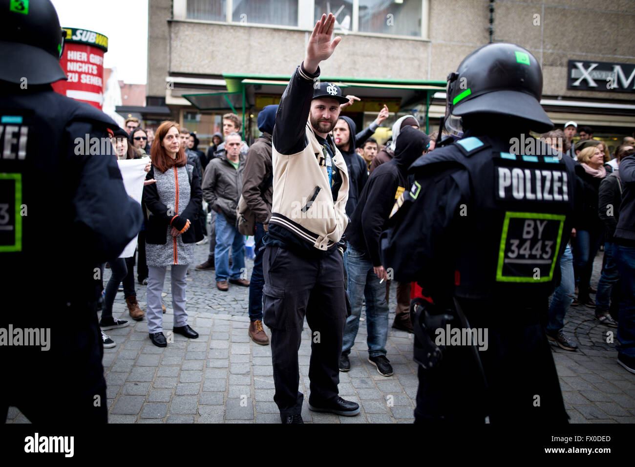 Neonazi party III. Weg rallied through Ingolstadt today. Approximately 70 neonazis demonstrated through the Bavarian town. Counter protestors blocked the route twice. 9th Apr, 2016. © 24mmjournalism/ZUMA Wire/Alamy Live News Stock Photo